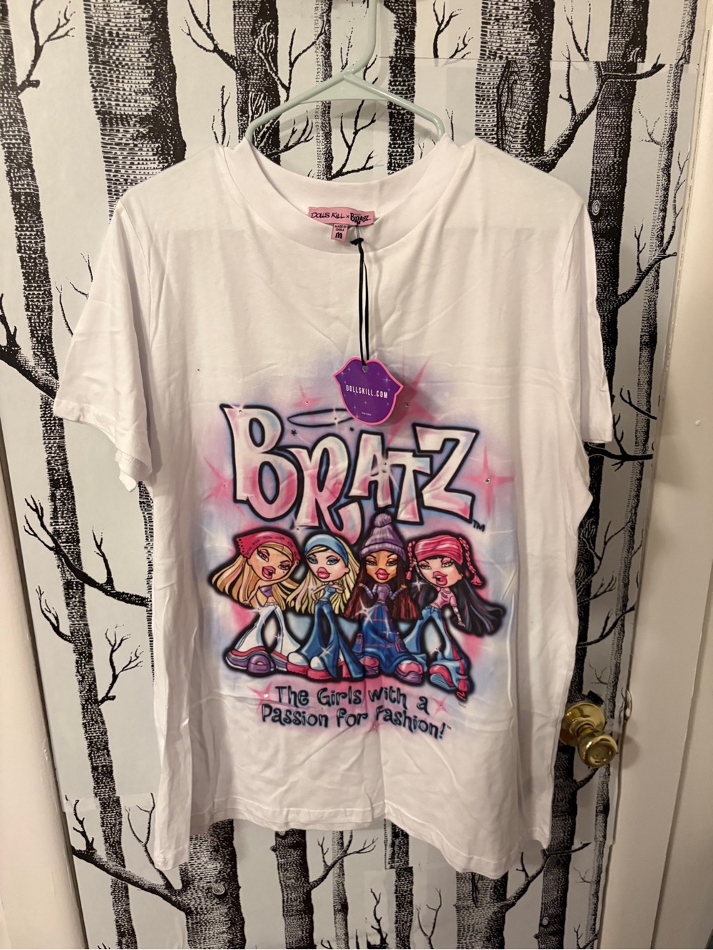 Dolls Kill White Bratz Graphic Tee with Pink & Blue Artwork